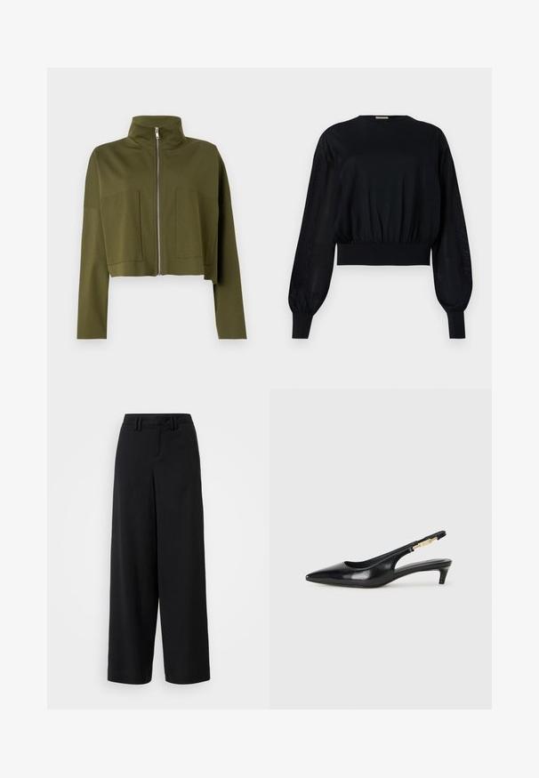 Kappet olivengrønn zip-up jakke laget av myk stoff, med høy krage og to frontlommer. Glatt tekstur, minimal design.; Svart, cropped bluse med rund halslinning, puffer lange ermer og ribbede mansjetter. Har en stram elastisk midje og gjennomsiktige sidepaneler.; Sorte brede bukser laget av glatt stoff, med flat frontdesign, plisserte detaljer og beltehemper i midjen.; Sorte lærreim hæler med spiss tå, som har en slank hæl og en gullfarget detalj på den justerbare stroppen. Glatt tekstur.