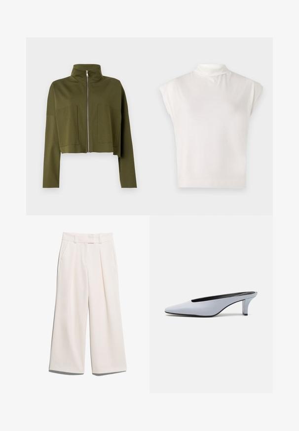 Kappet olivengrønn zip-up jakke laget av myk stoff, med høy krage og to frontlommer. Glatt tekstur, minimal design.; Hvit ermeløs høyhalset topp laget av myk stoff, med en strukturert design, glatt tekstur og subtile ribbede kanter.; Videbukser i en lys kremfarge, laget av glatt stoff med to frontlommer og synlig søm på livserien.; Lys blå patentlær mule med spiss tå, lav gjennomsiktig hæl og en elegant design med utskjæring på vampen.