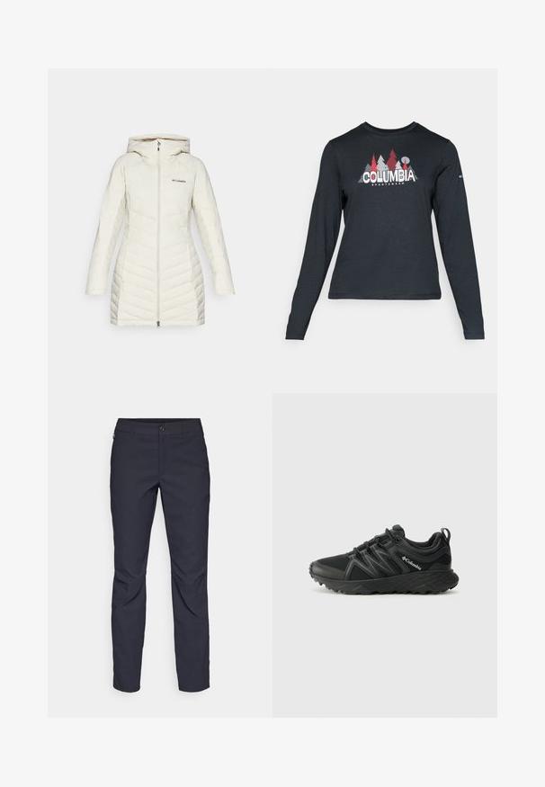 Chaqueta de plumas blanca con capucha, que presenta un diseño acolchado y patrones de costura diagonal, cierre frontal con cremallera y logotipo de Columbia en el pecho.; Camisa de manga larga gris oscuro con un gráfico de árboles rojos y montañas; logo "COLUMBIA" en texto blanco en negrita. Tela suave, cuello redondo estándar.; Pantalones azul marino de tela suave, que presentan un cierre delantero con botón, un diseño ajustado y detalles con pliegues en las rodillas.; Columbia PEAKFREAK - Zapatillas de senderismo - black