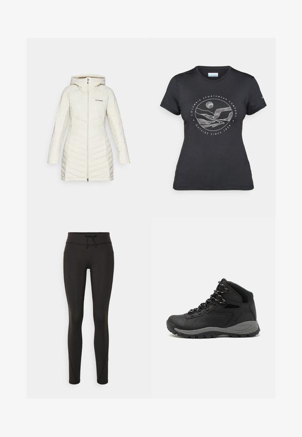 Valge puffjakker, millel on kapuuts, külluses on tepitud disain ja diagonaalsed õmblusmuster, ees lukuga sulgemine ja Columbia logo rinnal.; Musternine Columbia T-särk mustas värvuses, millel on valge ümmargune mägi ja jõe joonistus ning tekst "Columbia Sportswear Company Outside Since 1938."; Mustad kõrge vöökohtadega mustad retuusid, paelaga, sileda tekstuuri ja sobiva disainiga. Külgedel on õmblusdetailid.; Mustarjaline matkasaabas, millel on keskmine disain, tekstuuriga ülemine osa, hallid aktsendid ja vastupidav kummist põhi, millel on haardelugesid.