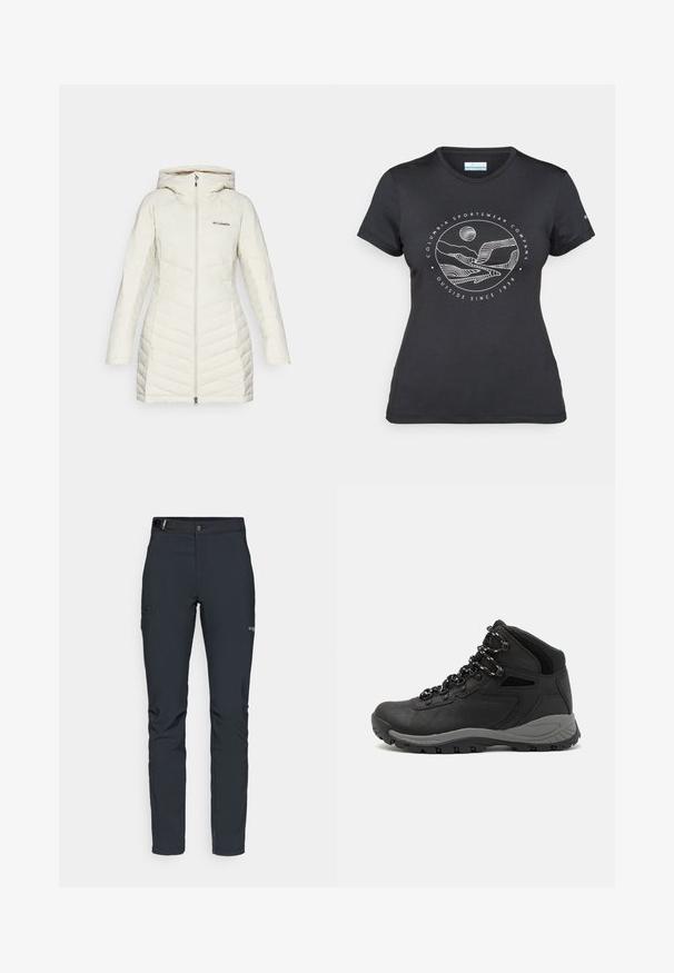 Hvid puffjakke med hætte, der har et quiltet design og skrå syninger, frontlynlås og Columbia-logo på brystet.; Sort Columbia t-shirt med hvid cirkulær bjerg- og flodlinjekunst samt teksten "Columbia Sportswear Company Udenfor Siden 1938."; Herrers udendørsbukser, mørkegrå, lavet af fleksibelt materiale, med bælte, lynlåslommer og forstærkede syninger.; Sort vandrestøvle med en mellem-højde design, der har en tekstureret overdel, grå detaljer og en holdbar gummisål med skridsikre klodser.