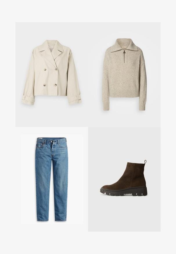 Beige cropped Jacke mit einem doppelt geknöpften Design, großen Revers und Knopfakzenten. Verfügt über aufgerollte Manschetten und eine glatte Textur.; Beige gestrickter Pullover mit hohem Kragen, Reißverschluss und gerippten Bündchen und Saum. Die Textur weist Stellen dunklerer Fasern auf.; Blaue Jeans aus Denim mit geradem Schnitt, ausgestattet mit einem Reißverschluss, zwei vorderen Taschen und subtilen Verfärbungen im gesamten Stoff.; Braune Wildleder-Ankle-Boots mit einer stabilen schwarzen Gummisohle, leichtem Absatz und einer Schlaufe auf der Rückseite für einfaches Anziehen.