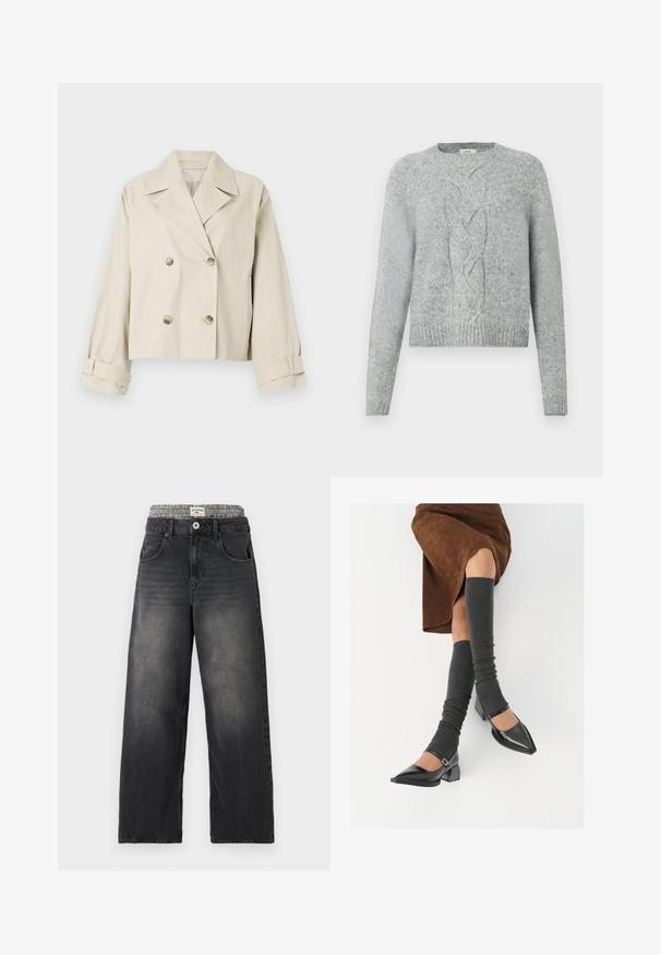 Beige cropped dzseki dupla soros dizájnnal, nagyméretű hajtókával és gombos díszítéssel. Feldolgozva felgöngyölt ujjak és sima textúra jellemzi.; Világosszürke kötött pulóver hosszú ujjakkal, kerek nyakkal és középső fonott mintával az elején.; Fekete farmer széles lábú farmernadrág, sakktáblás mintájú derékkal. Jellemzői közé tartozik a frontzsebek és a gombos záródás. Hangsúlyozottan megkopott textúra.; Fekete lakk bőrből készült, hegyes orrú cipők, tömbsarkúakkal és bokapánttal, szürke bordás lábszármelegítőkkel és barna velúr szoknyával párosítva.