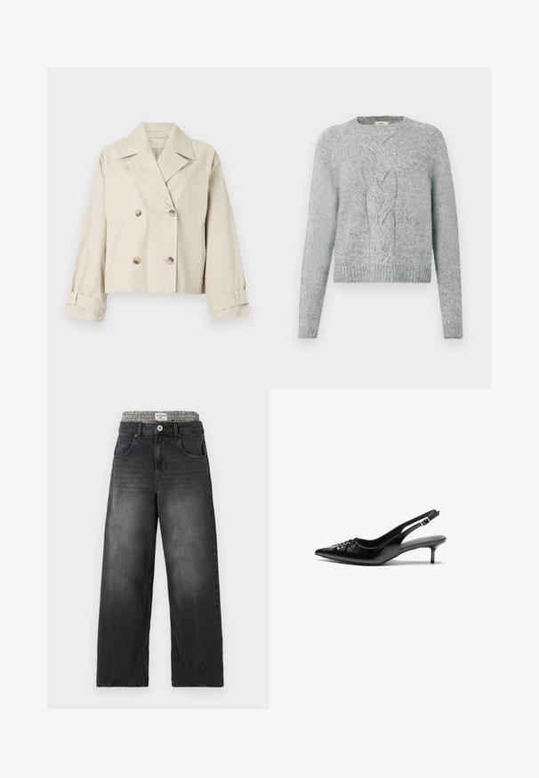 Veste beige courte avec un design à double boutonnage, grands revers et accents de boutons. Présente des poignets roulés et une texture lisse.; Pull en tricot gris clair avec des manches longues, un col rond et un motif de tricot en forme de câble au centre devant.; Jeans large en denim noir avec une ceinture à motif pied-de-poule. Comprend des poches avant et une fermeture à bouton. Texture déchirée.; Des escarpins en cuir noir à talon slingback, avec un bout pointu, un petit talon kitten et un détail de nœud décoratif à l'avant. Texture lisse sur toute la surface.