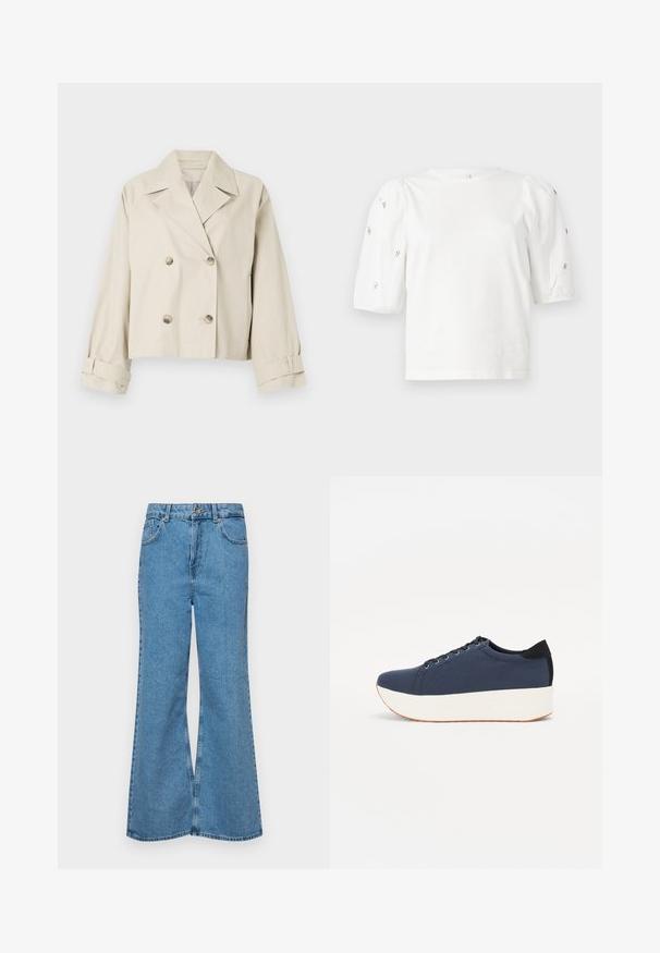 Beige cropped jacket with a double-breasted design, large lapels, and button accents. Features rolled cuffs and a smooth texture.; White cotton t-shirt with short puff sleeves, featuring small silver embellishments along the sleeves. Classic round neckline, relaxed fit.; Light blue flared jeans made of denim, featuring a high waist, five pockets, and a single button closure. Soft texture with faded finish.; Navy blue sneaker with a textured fabric upper, white platform sole, rounded toe, and black heel accent. Features six eyelets for laces.