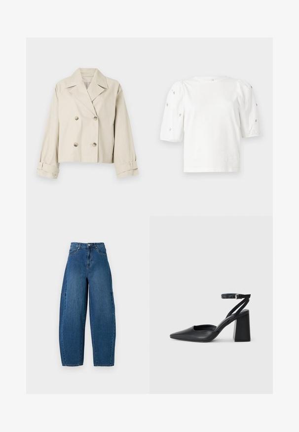 Casaco cropped bege com um design de dupla face, grandes rever e detalhes em botão. Apresenta punhos enrolados e uma textura suave.; T-shirt branca de algodão com mangas puff curtas, apresentando pequenos embellissements prateados ao longo das mangas. Decote redondo clássico, corte descontraído.; Denim jeans em um tom de azul médio, apresentando uma cintura alta, corte largo e design padrão de cinco bolsos com detalhes de costura visíveis.; Sandal com biqueira afilada em couro preto, com cinta no tornozelo e salto grosso. Textura lisa, design elegante e estética minimalista.