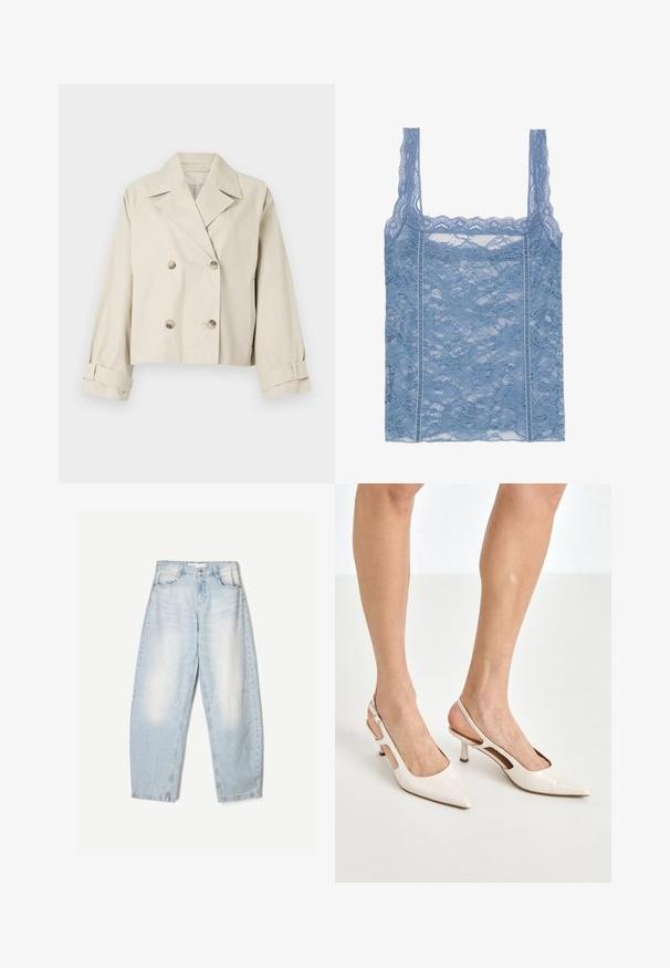 Beige cropped jacket with a double-breasted design, large lapels, and button accents. Features rolled cuffs and a smooth texture.; Light blue lace tank top with thin straps, featuring a scalloped lace trim and floral pattern, designed for a fitted silhouette.; Light blue denim jeans with a loose fit, featuring a faded finish, two front pockets, and a button closure at the waistband.; Beige patent leather slingback heels with a pointed toe and 5 cm heel, featuring cut-out sides and a thin ankle strap.