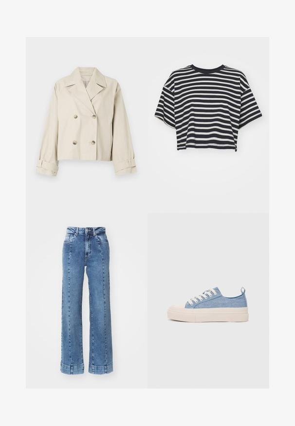 Beidža īsā jaka ar dubulto pogu dizainu, lieliem atloku galiem un pogu akcentiem. Iezīmējas ar saliektiem piedurknēm un gludu tekstūru.; Svītrainā īsā t-kreklā jūras zilā un baltā krāsā. Īsas piedurknes, apaļa kakla izgriezums, mīksts audums ar horizontālām svītrām un brīvu piegriezumu.; Gaiši zili denim plaša kāju džinsi ar augstu jostasvietu, ar priekšējām kabatām un šūšanas detaļām. Apakša ir sarullēta un šūta.; Gaiši zili kanvas sneakeri ar krēmkrāsas gumijas pirksta aizsargu un ārējo zoli, aprīkoti ar baltām šņorēm un cilpu uz papēža.