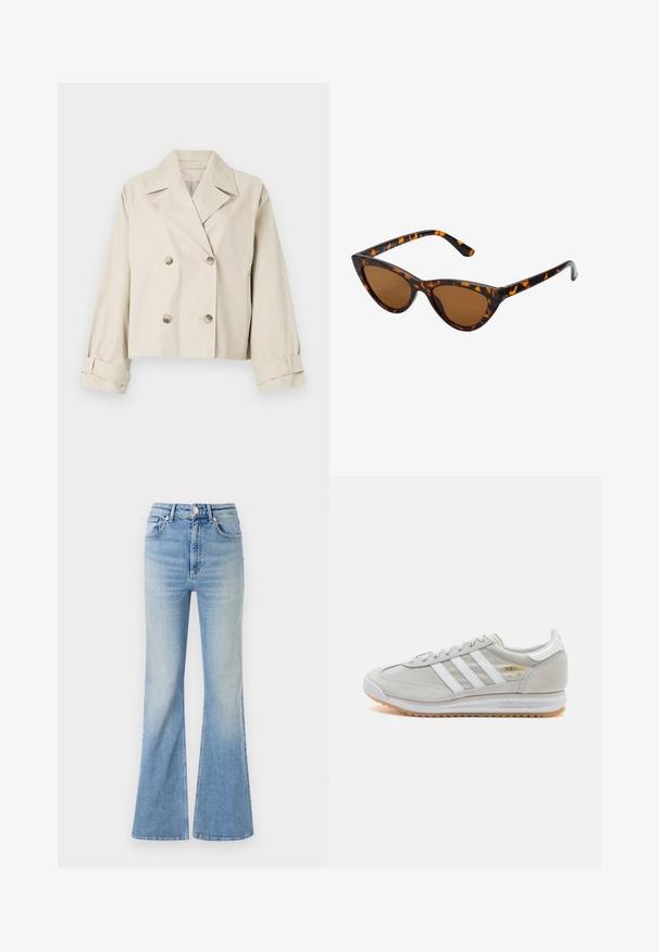 Giacca corta beige con design doppiopetto, ampie rever e dettagli con bottoni. Presenta polsini arrotolati e una texture liscia.; Top senza maniche bianco realizzato in tessuto a coste, caratterizzato da un collo arrotondato e una silhouette aderente, con cuciture minime e senza decorazioni.; Jeans flared di colore blu chiaro in denim, dotati di vita alta, design a cinque tasche e una leggera sfumatura verso l'orlo.; Sneaker grigio chiaro realizzato in suede e rete, con tre strisce bianche, punta arrotondata e suola in gomma color caramello. Accento del logo dorato vicino ai lacci.; Occhiali da sole cat-eye con una montatura tartarugata nera e arancione, lenti marroni e punte affusolate e eleganti. Presentano un logo minimale sulla asta.