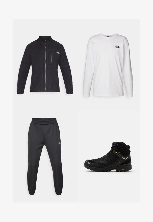 Zwarte fleecejack met een hoge kraag, volledige voorrits, ritszak op de borst en twee zijzakken. Gestructureerde stof met een gladde afwerking.; Witte lange mouwen T-shirt gemaakt van katoen met een ronde hals. Beschikt over een klein zwart logo op de borst. Soepele textuur, normale pasvorm.; Zwarte sweatpants met een trekkoord in de taille, tapered fit, elastische boorden en een klein wit logo op de linker dij, gemaakt van gladde stof.; Zwarte wandelschoen met een gestructureerde bovenkant, verstevigde neus en Vibram-zool. Het vetersysteem bevat haken voor een veilige pasvorm.