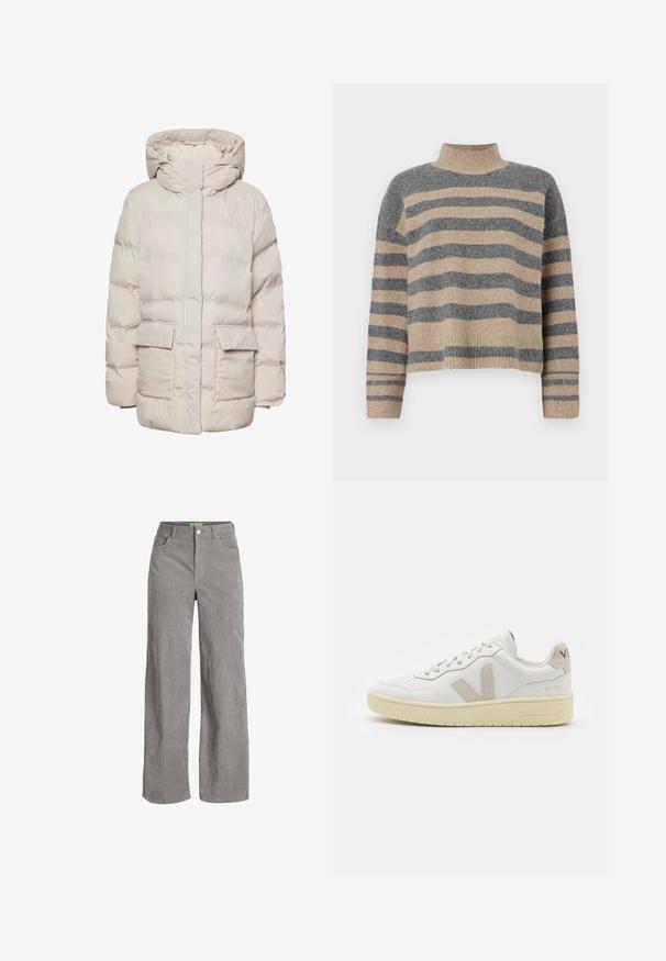 Pieces PCNORMA PUFFER - Vinterfrakke - silver gray; Striktrøje med striber i grå og beige farver, høj hals, brede manchetærmer og en afslappet pasform med et cropped design.; Grå fløjl bredbenede bukser med knaplukning og bæltestropper. Har to sidelommer og et blødt, tekstureret stof.; Hvide lærreds sneakers med beige ruskindsdetaljer, perforeret tåboks, flade snørebånd og en struktureret cremefarvet sål. Har diskret branding på hælen.