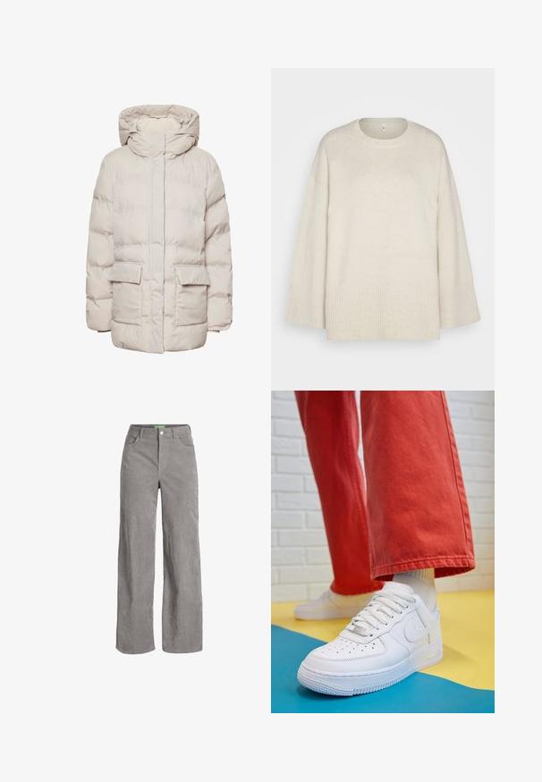 Pieces PCNORMA PUFFER - Abrigo de invierno - silver gray; Suéter beige claro hecho de un suave tejido de punto, con cuello redondo, hombros caídos y acentos acanalados en el dobladillo y las mangas.; Pantalones de pana anchos grises con cierre de botón y presillas para cinturón. Cuenta con dos bolsillos laterales y una tela suave y texturizada.; Zapatilla de cuero blanco con caja de dedos perforada, suela texturizada y cordones blancos, combinada con pantalones rojos amplios y un fondo azul y amarillo.