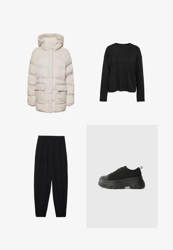 Pieces PCNORMA PUFFER - Žieminis paltas - silver gray; Juodas ilgomis rankovėmis viršus, pagamintas iš minkštos medvilnės audinio; turi laisvą siluetą, apvalią iškirptę ir nukritusius pečius, be jokių matomų raštų ar akcentų.; Juodi, lengvi kelnių su elastinga juosmens juosta ir surinktais kulkšniais. Audinys yra lygus ir turi atsipalaidavusį, siaurėjantį dizainą.; Juodos sportinės bateliai su stambiu guminiais padu, tekstūrizuotu audinio viršumi, apvaliu pirštu ir raištelių uždarymu. Yra sutvirtinti akių angos ir nugaros kilputė.