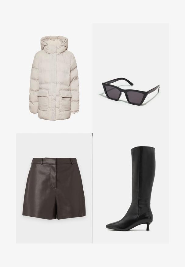 Pieces PCNORMA PUFFER - Zimski kaput - silver gray; Crna majica dugih rukava, uskog kroja s okruglim izrezom, blago teksturirana, s malom bijelom etiketom branda unutar ovratnika.; Smeđe kožne hlače s glatkom teksturom, s prednjim šavom, petljama za remen i dva bočna džepa. Dizajnirane za uski siluetu.; Zign Čizme - black; Crne, uglaste sunčane naočale sa sivoj lećama; izrađene od plastike, imaju debele nogice s glatkom površinom i bez vidljivih metalnih dijelova.; Smeđa kožna torba s dvije čvrste ručke, pravokutnog oblika, glatke teksture i zatvaranjem na zatvarač. Minimalistički dizajn bez vidljivih uzoraka.