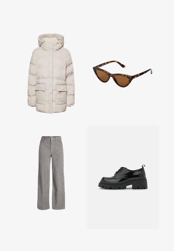 Pieces PCNORMA PUFFER - Zimný kabát - silver gray; Tričko s dlhým rukávom v troch farbách: čiernej, sivej a bielej. Každé má okrúhly výstrih a skrátený strih vyrobený z hladkej, ľahkej tkaniny.; Šedé kordové nohavice širokého strihu s kovovým zapínaním a pútkami na opasok. Obsahujú dve bočné vrecká a mäkkú, textúrovanú látku.; Čierne lakované topánky s hrubou platformou a hrubými šnúrkami. Zaoblená špička, minimálne detaily a malá pätka na zadnej strane.; Mačacie slnečné okuliare s čiernym a oranžovým želvovinovým rámom, hnedými sklami a elegantnými, špicatými koncami. Obsahujú minimalistické logo na spánku.