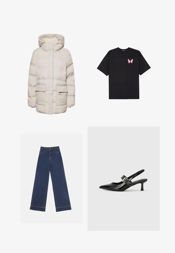 Pieces PCNORMA PUFFER - Vinterfrakke - silver gray; Sort bomulds T-shirt med korte ærmer, prydet med en lille pink sommerfugl grafik på venstre bryst. Rund hals design med en afslappet pasform.; Vidde bukser i mørkeblå denim. Har fem lommer, bæltestropper og en rå kant nederst med synlige stikninger.; Sorte laker slingback hæle med spids tå og en lille blokhæl, med en sølvspændeaccent på remmen.