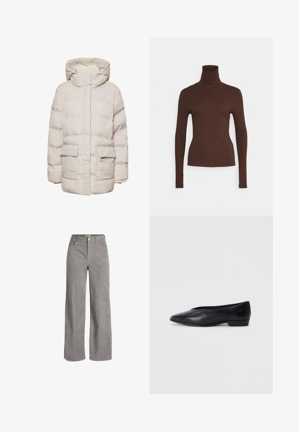 Pieces PCNORMA PUFFER - Geacă - silver gray; Pieces PCKITTE ROLLNECK - Bluză cu mânecă lungă - chicory coffee; Pantaloni largi din corduroy gri, cu închidere prin buton și cu bucle pentru curea. Dispune de două buzunare laterale și un material moale, texturat.; Pantof cu talpă plată din piele neagră, cu vârf ascuțit, călcâi ușor ridicat și suprafață netedă. Design simplu, fără hardware vizibil sau modele.