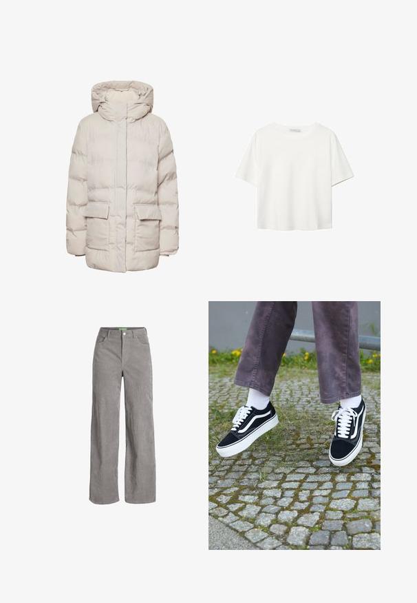 Pieces PCNORMA PUFFER - Vinterfrakke - silver gray; Hvid kortærmet t-shirt lavet af bomuld. Har en rund halsudskæring og en afslappet pasform. Glat tekstur uden synlige mønstre eller detaljer.; Grå fløjl bredbenede bukser med knaplukning og bæltestropper. Har to sidelommer og et blødt, tekstureret stof.; Sorte ruskinds sneakers med hvide accenter, med rund tå, tyk hvid sål og klassisk snørebåndsdesign, båret med hvide sokker og lilla bukser.