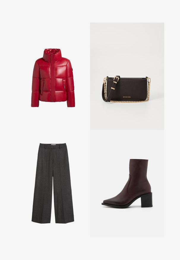 Rote Pufferjacke mit hohem Kragen, glänzendem Finish, gesteppter Optik und einem Reißverschluss vorne. Verfügt über eine linke Seitentasche mit einem kleinen Logo-Patch.; Weißes Hemd mit langen Ärmeln, strukturiertem Kragen und abgerundetem Saum. Hergestellt aus einem glatten, einfarbigen Stoff ohne sichtbare Muster oder Akzente.; Weite Hose aus dunkelgrauem Stoff. Verfügt über einen maßgeschneiderten Bund mit Gürtelschlaufen, glatter Textur und minimalen Nähakzenten.; Zign LEATHER - Stiefelette - bordeaux; MICHAEL Michael Kors BRYANT SM XBODY POUCHETTE - Umhängetasche - chocolate
