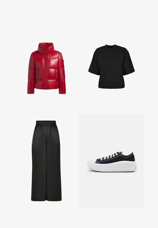 Giacca a vento rossa con colletto alto, finitura lucida, design trapuntato e zip frontale. Presenta una tasca sul lato sinistro con una piccola etichetta con logo.; Maglietta nera cropped realizzata in cotone. Presenta maniche corte e un collo rotondo. Tessuto liscio con un design semplice, senza ulteriori motivi.; Pantaloni neri a gamba larga realizzati in un tessuto liscio e lucido, con una vita elastica e senza tasche visibili o dettagli in metallo.; Sneaker nere in tela con lacci bianchi, punta in gomma bianca e una suola intermedia bianca e spessa. Presentano cuciture bianche sottili e una suola in gomma.