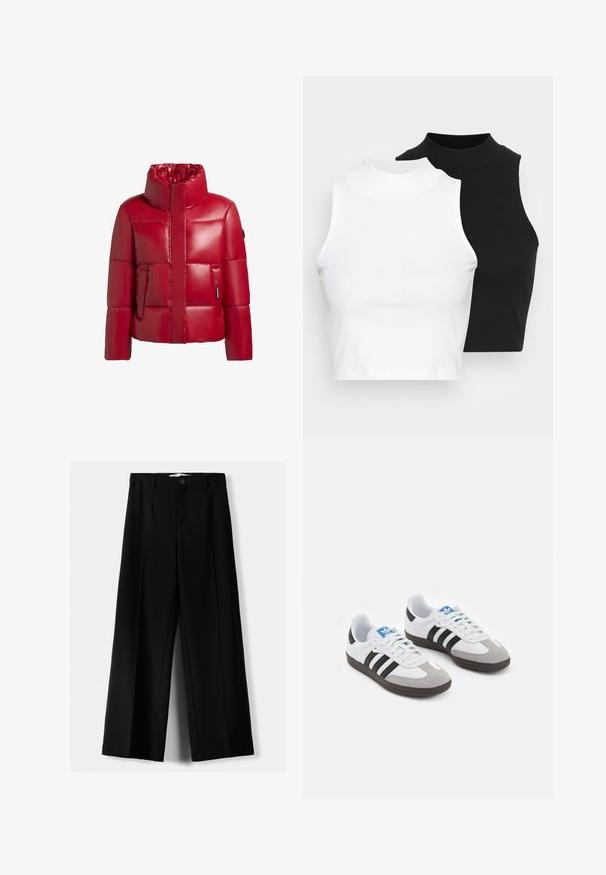 Rote Pufferjacke mit hohem Kragen, glänzendem Finish, gesteppter Optik und einem Reißverschluss vorne. Verfügt über eine linke Seitentasche mit einem kleinen Logo-Patch.; Zwei ärmellose, gerippte Rollkragenoberteile in Schwarz und Weiß, mit einer figurbetonten Passform und glatter Textur sowie einer cropped Länge.; Schwarze weite Hosen aus leichtem Stoff, mit einem Knopfverschluss vorne und flachem Bund, mit sorgfältig genähten Säumen.; Sportschuhe mit einem Obermaterial aus weißem Leder, grauer Wildleder-Zehenkappe und drei schwarzen Streifen. Sie verfügen über ein blaues Logo auf der Zunge und eine strukturierte Gummisohle.