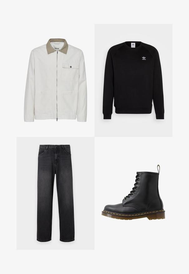 Ljusbeige jacka med en kontrasterande tanfärgad krage. Har en framzip, två framfickor och ett slätt, texturerat tyg.; Svart sweatshirt med raglanärmar, rund hals och ribbade muddar. Har en liten vit Adidas-logotyp på bröstet. Mjuk tygtextur.; Mörkgrå denimjeans med rak bendesign, som har dragkedja, fem fickor och subtila blekningsdetaljer på tyget.; Svart läderankelstövel med rund tå, ögla snörningsdesign, orange stickning och en kraftig genomskinlig sula. Dragflik bak.