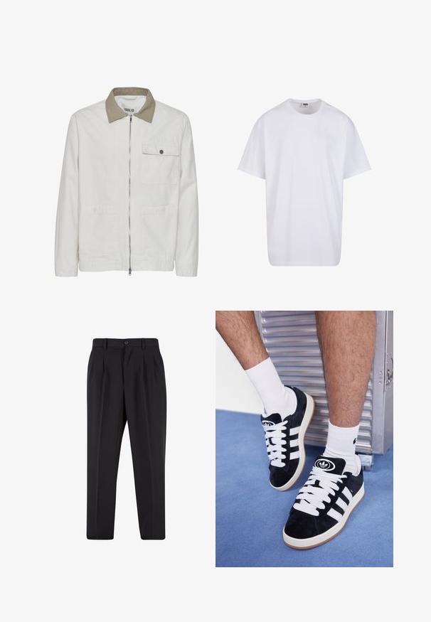 Helles beiges Jackett mit einem kontrastierenden, braunen Kragen. Es verfügt über einen Frontreißverschluss, zwei Fronttaschen und einen glatten, strukturierten Stoff.; Weiße Baumwoll-T-Shirt mit kurzen Ärmeln, rundem Ausschnitt, lockerer Passform und ohne sichtbare Logos oder Muster. Glatte Textur und minimalistisches Design.; Schwarze Hose mit plissiertem Vorderdesign, aus glattem Stoff gefertigt. Mit Knopfverschluss und Gürtelschlaufen; gerade Passform.; Schwarze Wildledersneaker mit weißen Schnürsenkeln und drei weißen Streifen. Verfügt über ein kreisförmiges schwarzes Logo auf der Zunge und eine Gummisohle.