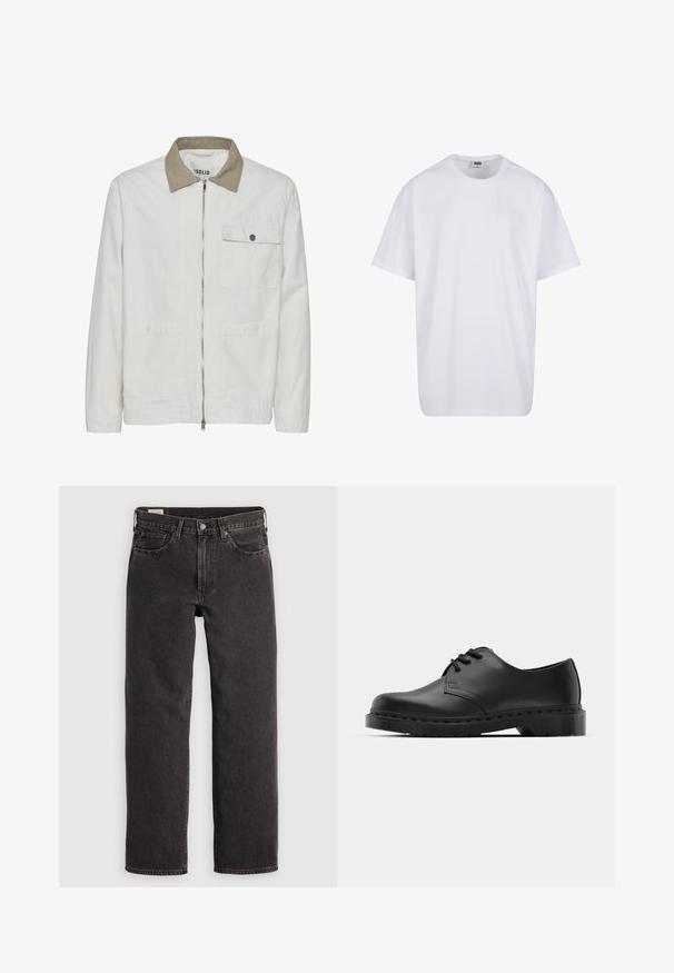 Lys beige jakke med en kontrasterende tan krave. Har en frontlynlås, to frontlommer og et glat, struktureret stof.; Hvid bomulds t-shirt med korte ærmer, rund halsudskæring, afslappet pasform, og ingen synlige logoer eller mønstre. Glat tekstur og minimalistisk design.; Sorte denim jeans med lige ben, fem lommer og metalbeslag. Stoffet har en let struktur og en ensfarvet finish.; Sorte læder oxford-sko med snørebåndsdesign, rund tå, flad gummisål og subtil syning langs overdelen.