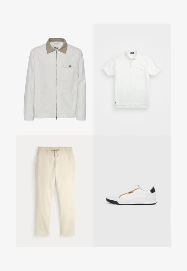 Light beige jacket with a contrasting tan collar. Features a front zip, two front pockets, and a smooth, textured fabric.; White polo shirt made of cotton, featuring a classic collar, three-button placket, and a left chest pocket; small logo at the hem.; Off-white casual pants with elastic waistband and drawstring, straight legs, and side pockets against a plain background.; White athletic shoes with mesh and leather accents. Features a gold "BOSS" logo, textured side panels, and a black heel cap. Rubber sole.
