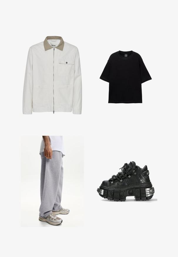 Helles beiges Jackett mit einem kontrastierenden, braunen Kragen. Es verfügt über einen Frontreißverschluss, zwei Fronttaschen und einen glatten, strukturierten Stoff.; Schwarzes T-Shirt mit kurzen Ärmeln aus Baumwolle, mit Rundhalsausschnitt und lockerer Passform. Glatte Textur mit minimalen Nähten.; Graue Jogginghosen aus weichem Stoff, mit lockerer Passform und elastischem Bund. Kombiniert mit beigefarbenen und grauen Sport-Schuhen.; Schwarze Ledersneaker mit dickem Gummi-Sohle und metallischen Akzenten. Verfügt über runde Schnürsenkel und einen verstärkten Zehenbereich, der durch silberne Hardware gekennzeichnet ist.