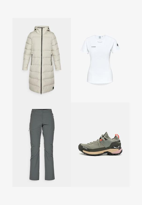 Cappotto lungo imbottito di un beige chiaro con cuciture verticali, cappuccio e dettagli in zip neri; presenta tasche laterali per maggiore funzionalità.; Maglietta atletica bianca a maniche corte con colletto rotondo, dotata di un logo sul petto e una texture di tessuto liscia e leggera.; Pantaloni grigi da esterno realizzati in tessuto leggero e testurizzato; presentano tasche con zip e un design aderente con taglio dritto.; Scarpa da trekking leggera verde con materiali in rete e gomma, suola antiscivolo nera, accenti rosa e arancioni e punta rinforzata.