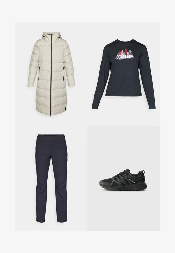 Párnázott hosszú kabát világos bézs színben, függőleges varrással, kapucnival és fekete cipzár részletekkel; funkcionális oldalsó zsebekkel rendelkezik.; Hosszú ujjú, sötétszürke ing piros fákkal és hegyekkel díszítve; a "COLUMBIA" logó vastag fehér betűkkel. Puha anyag, klasszikus kerek nyakkivágás.; Sötétkék nadrág sima anyagból, elülső gombos záródással, slim-fit fazonnal és gyűrött részletekkel a térdeken.; Columbia PEAKFREAK - Túracipők - black