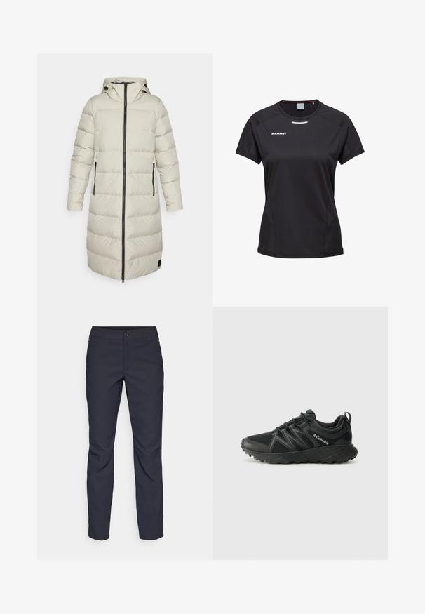 Cappotto lungo imbottito di un beige chiaro con cuciture verticali, cappuccio e dettagli in zip neri; presenta tasche laterali per maggiore funzionalità.; Maglietta nera a maniche corte realizzata in tessuto sintetico. Presenta un collo rotondo, cuciture piatte e un accento riflettente. Logo stampato sul petto.; Pantaloni blu navy realizzati in tessuto liscio, con chiusura frontale a bottone, design slim-fit e pieghe decorative sulle ginocchia.; Columbia PEAKFREAK - Scarpa da hiking - black