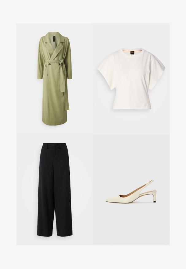 DRYKORN FILKINS - Trench - green; T-shirt bianca cropped, maniche corte e larghe, tessuto di cotone morbido, scollatura rotonda con bordino arancione sottile, design minimale, senza motivi o grafiche.; Pantaloni neri a gamba larga realizzati in tessuto morbido, con un design a vita piatta, dettagli plissettati e passanti per cintura in vita.; Scarpa slingback a punta in pelle bianca sporca, caratterizzata da un tacco basso e un design con ritagli, dal texture liscia e con accenti minimi.