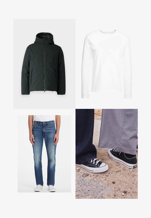 Dunkelgrüne, gefütterte Jacke mit Kapuze, einem Frontreißverschluss, zwei Seiten- oder Eingrifftaschen und einer glatten Textur. Sie hat ein minimalistisches Design.; Langärmliges, weißes T-Shirt aus weicher Baumwolle. Rundhalsausschnitt mit geraden Saumabschlüssen und ohne sichtbare Muster oder Grafiken.; Blaue Jeans aus Denim mit gerade geschnittenem Design, die eine helle Waschung, ausgewaschene Akzente und einen Fünf-Taschen-Stil aufweisen. Kombiniert mit weißen Sneakers.; Schwarze Leinenschuhe mit weißen Gummisohlen und Schnürsenkeln. Ein Fuß ist mit dunkelblauen Jeans kombiniert, der andere mit hellgrauen Hosen.