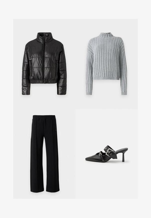 Giubbotto di piuma nero con colletto alto, caratterizzato da una texture lucida e trapuntata, orlo elasticizzato e tasche laterali con zip.; Maglione chunky grigio chiaro con motivo a costine, colletto alto, maniche lunghe e vestibilità leggermente cropped.; Camicia bianca a maniche lunghe con bottone in un morbido mix di cotone. Presenta un colletto classico, chiusura frontale con bottoni e polsini arrotondati.; Pantaloni neri a gamba dritta con vita elastica e un sottile motivo testurizzato su tutta la stoffa, su sfondo bianco.; Mule nere con tacco alto e punta affilata, realizzate in pelle liscia. Presentano una larga cinghia alla caviglia con una fibbia quadrata argentata e borchie.