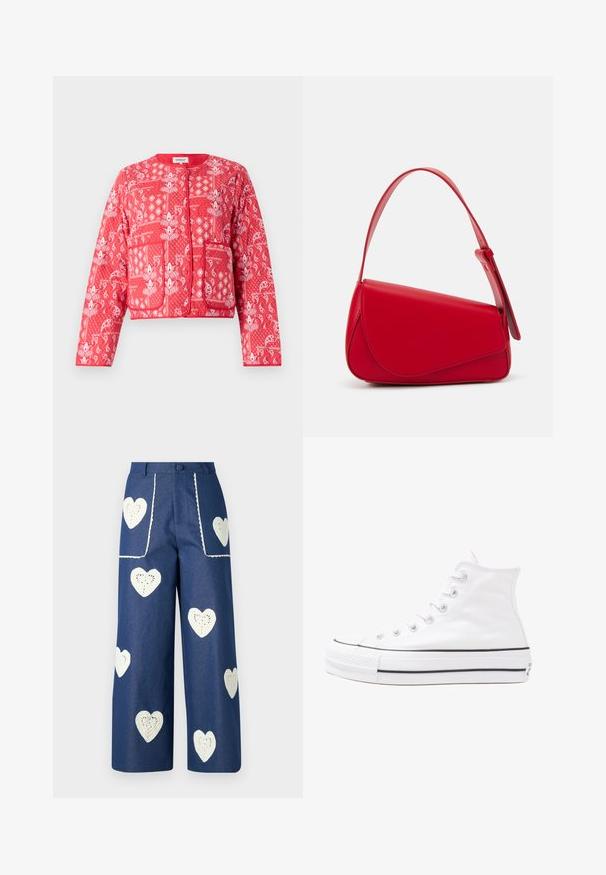 Jachetă roșie matlasată cu modele paisley și florale albe. Dispune de un guler rotund, două buzunare frontale și închidere cu fermoar.; Bluză florală cu mâneci lungi și puff, bază de crem deschis, cu modele florale în nuanțe de violet, portocaliu și verde, și design cu guler clasic.; Sister Jane HEART TO HEART - Blugi drepți - blue denim; Adidași albi tip pantofi sport cu glezna din pânză, cu talpă din cauciuc negru, capac de vârf din cauciuc frontal și șase ochiuri pentru șireturi, având un design curat și minimalist.; Geantă de mână din piele roșie, cu un design unghiular și geometric. Dispune de o singură curea ajustabilă și un sistem de închidere cu clapetă, cu detalii cusute.