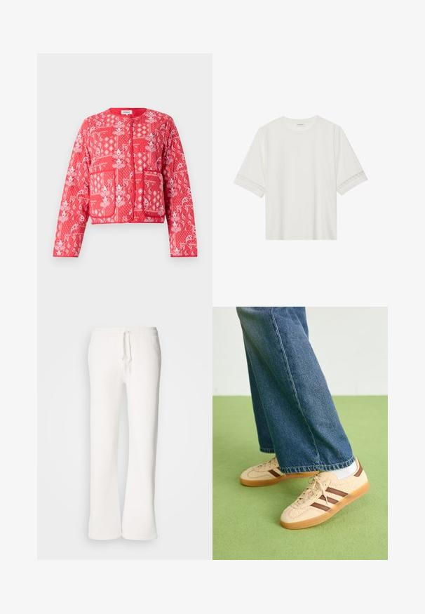 Red quilted jacket with white paisley and floral patterns. Features a round neckline, two front pockets, and a zip closure.; White short-sleeve t-shirt made from cotton, featuring decorative lace trim along the sleeves and a round neckline.; White, relaxed-fit sweatpants made of soft fabric, featuring an elastic waistband with a drawstring and straight-leg design.; Beige sneakers with textured cream panels and brown stripes, paired with blue denim jeans. The jeans have a wide leg and frayed hem.