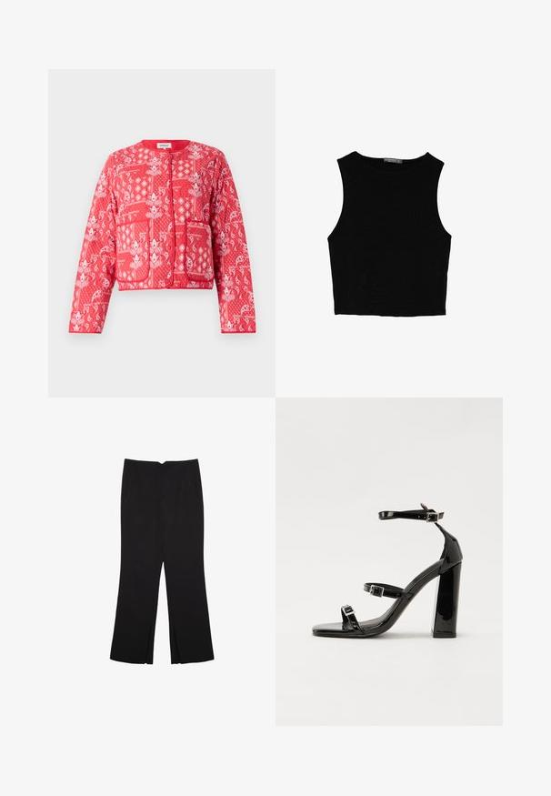 Veste matelassée rouge avec des motifs paisley et floraux blancs. Elle a un col rond, deux poches avant et une fermeture éclair.; Top court sans manches noir en tissu lisse, avec un col rond et un design épuré, simple, sans motifs ni accessoires.; Pantalon noir avec une coupe droite, doté de poches avant et d'éclairs sur l'ourlet. Fabriqué en tissu doux et lisse. Convient à diverses occasions.; Sandales à talons vernies noires avec un bout carré, des sangles autour de la cheville et des boucles en argent. Dotées d'un talon bloc épais pour plus de stabilité.