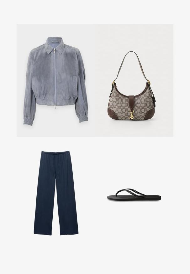 Blå ruskinds kort jakke med skjortekrave, frontlynlås, elastisk midte og ribbede manchetter; minimalistisk design uden synlige mønstre.; Brun, ærmeløs halterneck-top med dyb V-udskæring, rynket trim og dekorerede blomster mønstre. Fremstillet af letvægtsstof med flared design.; Marineblå wide-leg bukser lavet af et blødt materiale, med en elastisk talje og snoretræk for justerbar pasform.; Sorte flip-flop med en tekstureret gummisål, to slanke stropper og et subtilt, præget logodetalje på stroppen.; COACH HAMPTONS HOBO BAG IN SIGNATURE JACQUARD - Håndtasker - oak maple