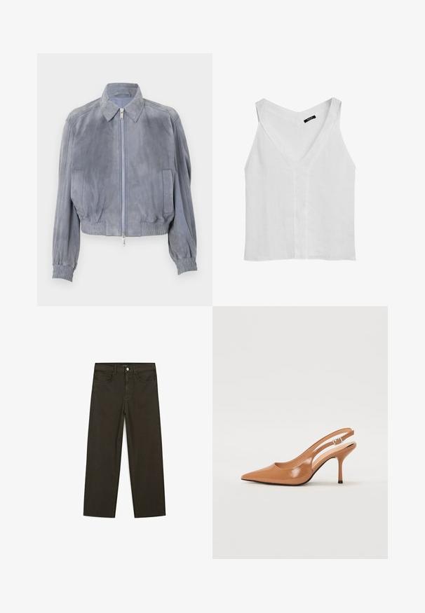 Blå ruskinds kort jakke med skjortekrave, frontlynlås, elastisk midte og ribbede manchetter; minimalistisk design uden synlige mønstre.; Massimo Dutti FLOWING DOUBLE FABRIC GARMENT - Top - white; Mørkegrønne brede jeans lavet af en bomuldsblanding, med en frontlukning med knap, fem lommer og klassisk denim-syning.; Spids tå slingback hæl i et glat, blankt tan materiale. Har et buet udskæring design og en slank stiletto hæl. Sølv spænde detalje.