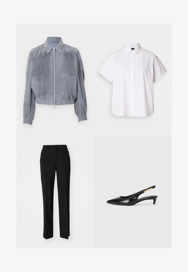 Sinine sametist lühike jakk särgikaelusega, esine lukuga sulgemine, elastne alumine äär ja soonilised varrukad; minimalistlik disain, millel ei ole nähtavaid mustreid.; Valge lühikeste varrukatega nööpidega särk, millel on terav krae ja kõver hems. Valmistatud puuvillast, millel on sile tekstuur ja nähtamatud mustrid.; Mustad ja sirged püksid, millel on sile tekstuur ja teravad voldid esiosas. Ilma nähtavate detailideta.; Mustad nahast slingback kontsad terava ninaga, millel on õhuke konts ja kuldse tooni aktsent reguleeritaval rihmal. Sile tekstuur.