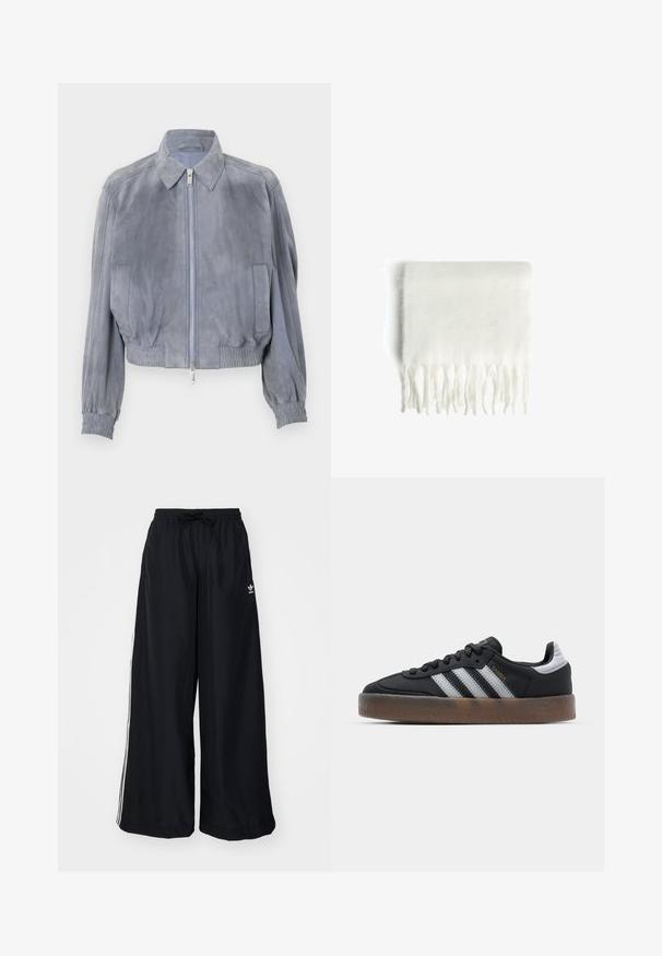 Modrá semišová cropped bunda s límečkem, předním zipovým zapínáním, elastickým lemem a vroubkovanými manžetami; minimalistický design bez viditelných vzorů.; Námorně modrý dlouhý rukáv top s lodním výstřihem a řaseným detailem na boku, poloskládaný na bílé pozadí.; Černé kalhoty s širokým střihem vyrobené z lehkého materiálu. Mají elastický pas se stahovací šňůrkou a bílé postranní pruhy. Na bocích se nachází logo značky.; Černé tenisky s elegantním designem, které mají tři bílé pruhy, černý jazyk a texturovanou hnědou gumovou podrážku. Akcenty zlatého písma.; Bílá fleecová šála s třásněmi, měkká textura a obdélníkový tvar. Vhodná pro vrstvení a poskytování tepla.