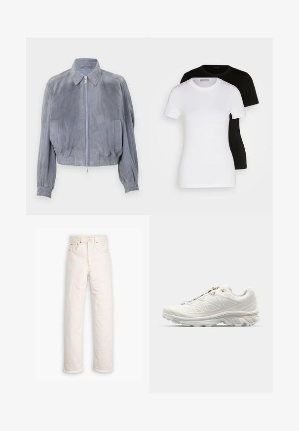 Kék velúr rövid dzseki, inggallérral, elől cipzárral záródik, rugalmas derékpánttal és bordázott mandzsettával; minimalista dizájn, látható minták nélkül.; Két rövid ujjú póló fekete és fehér színben. Simogatós pamutból készült, klasszikus kerek nyakkivágással és normál fazonnal.; Fehér farmeregyenes lábszárral, öt zsebes stílusban, réz hardver díszítéssel. Nyers szegés a bokáknál.; Fehér futócipő légáteresztő hálós felsőrésszel, texturált részletekkel és párnázott talppal. Gyorsfűzős rendszerrel rendelkezik a könnyű illeszkedés érdekében.