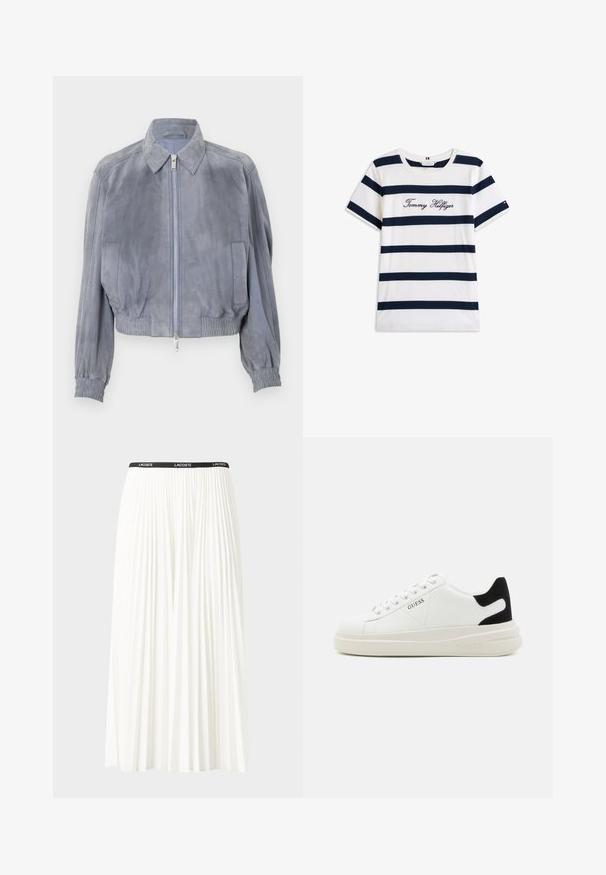 Jachetă scurtă din suede albastru cu guler tip cămașă, închidere frontală cu fermoar, tiv elastic și manșete ribbate; design minimalist fără modele vizibile.; Tricou din bumbac cu dungi orizontale bleumarin pe un fundal alb. "Tommy Hilfiger" brodat în stil cursiv pe piept. Decolteu rotund.; Fustă plisată albă cu un brâu elastic negru, având logo-ul "LACOSTE". Design de lungime medie, cu textură moale.; Adidași din piele albă cu o talpă groasă albă, accent de călcâi din suede negru și logo embosat pe lateral. Design cu șireturi și șase orificii.
