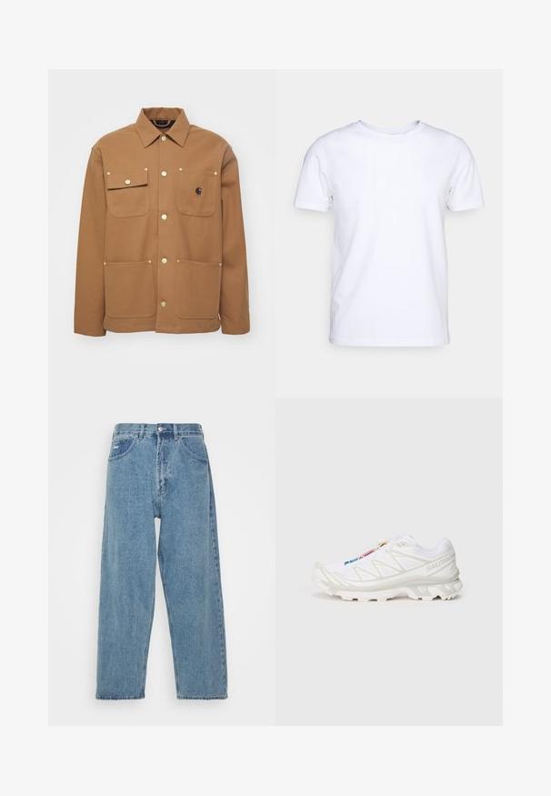 Jachetă maro dintr-un material gros, cu guler, două buzunare frontale cu clapete și nasturi aurii. Include un patch cu logo pe piept.; Tricou alb cu mânecă scurtă din material de bumbac, cu guler rotund. Design simplu, fără tipare sau accente. Textură netedă.; Jeans din denim de un albastru deschis, cu talie înaltă și o croială relaxată, având două buzunare frontale, un buzunar pe spate și închidere cu nasture.; Pantofiori atletici albi cu superior din plasă texturată, accente reflective și talpă amortizată. Logo-ul notabil al brandului pe lateral.