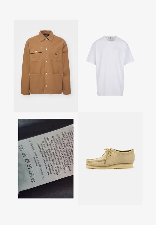 Hnedá bunda vyrobená z hrubej látky, s golierom, dvoma prednými vreckami so klopami a gombíkmi v zlatej farbe. Obsahuje nášivku s logom na hrudi.; Biela bavlnená tričko s krátkymi rukávmi, okrúhlym výstrihom, uvoľneným strihom a žiadnymi viditeľnými logami alebo vzormi. Hladká textúra a minimálny dizajn.; Štítok s viacjazyčným textom, symbolmi starostlivosti a ikonami recyklácie, vytlačený na jemnom textilnom materiáli svetlej farby.; Bežové semišové topánky s dizajnom na šnurovanie, prešívaním a gumovou podrážkou. Tvar je neformálny s mierne vyvýšeným opätkom.