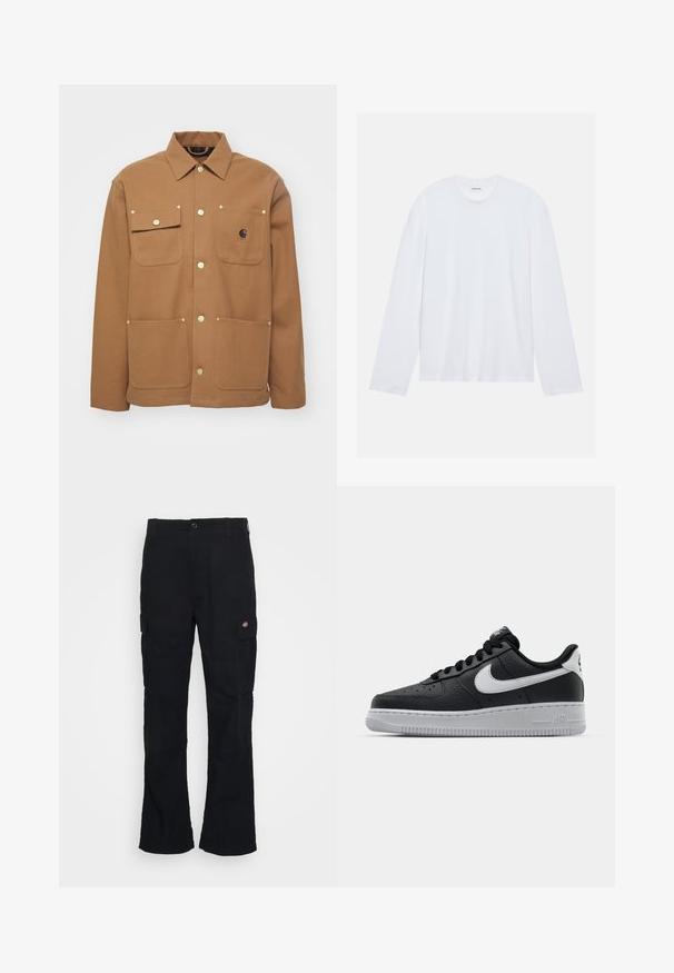 Brūns žakets, izgatavots no bieza auduma, ar apkakli, divām priekšējām kabatām ar vākiem un zelta krāsas pogām. Iekļauts logo uzlīme uz krūtīm.; Balts garām piedurknēm T-krekls, izgatavots no kokvilnas. Tam ir klasiskā apaļā kakla izgriezums un pazeminātas plecu šuves, ar gludu, vienkāršu tekstūru.; Melni cargo bikses ar taisnu kāju dizainu, izgatavotas no izturīga auduma, ar sānu kabatām un plāksteri ar logotipu pa kreisi.; Melna ādas sporta apavi ar teksturētu virsmu, balta Nike swoosh zīme, pelēks zole, apaļa pirksta daļa un saistējs dizains. Iekļautas perforācijas uz pirksta kastes.