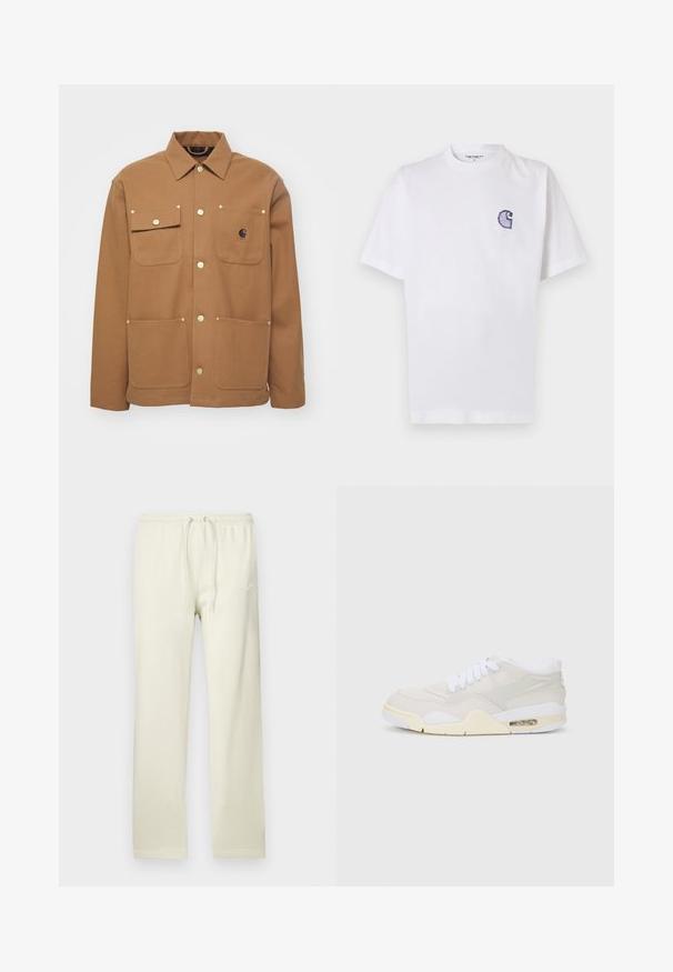 Καφέ σακάκι φτιαγμένο από παχύ ύφασμα, με γιακά, δύο μπροστινές τσέπες με καπάκια και χρυσούς κουμπάκια. Περιλαμβάνει και λογότυπο στο στήθος.; Άσπρο βαμβακερό t-shirt με κοντά μανίκια, στρογγυλή λαιμόκοψη και μικρό, κεντητό μπλε λογότυπο "C" στην αριστερή πλευρά του στήθους.; Ανοιχτό μπεζ φόρμα με κορδόνι στη μέση, κατασκευασμένη από απαλό υλικό. Διαθέτει διακριτικό λογότυπο Nike σε λευκό στην αριστερή μηριαία περιοχή.; Αθλητικά παπούτσια με ένα ανοιχτό μπεζ συνθετικό επάνω μέρος, λευκές κορδόνες και ορατή ενίσχυση. Διαθέτει ομαλή σόλα και διακριτικά πλάγια στοιχεία.