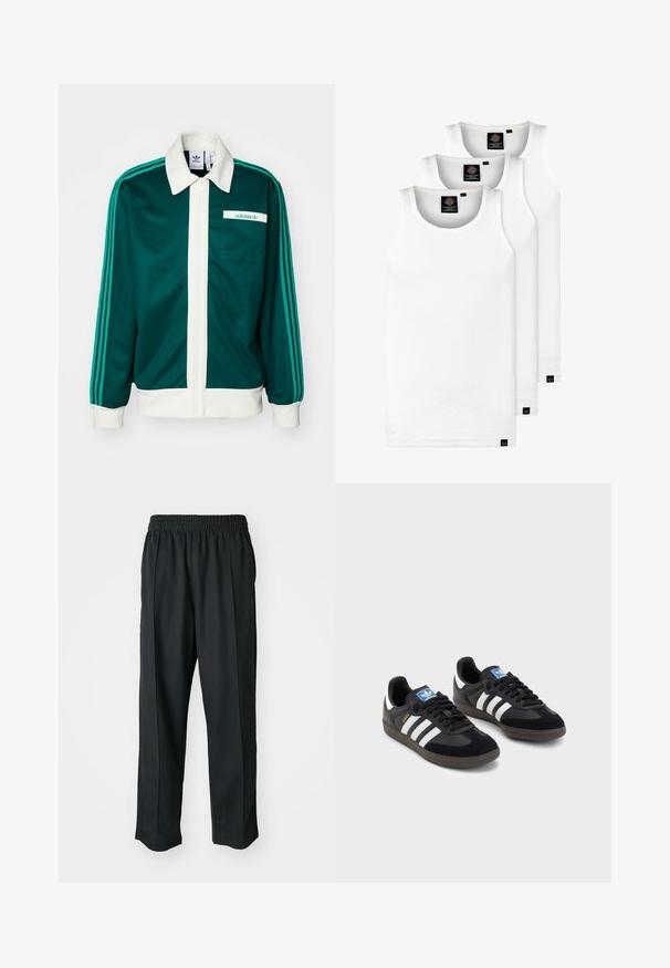 Zelená zipová bunda s bielym golierom a predným panelom, s tromi tyrkysovými pruhmi na každom rukáve a vreckom s logom Adidas.; Tri biele rebrované tielka vyrobené z bavlny. Majú okrúhly výstrih a malé čierne štítky pri leme. Dostupné v rôznych veľkostiach.; Čierne športové nohavice s elastickým pásom, vyrobené z hladkého materiálu, s jemným bočným šitím a voľným strihom, rovný strih.; Čierne tenisky so zvrškom z semišu a syntetického materiálu, s tromi bielymi pruhmi, štruktúrovanou gumovou podrážkou a modrou logovou etiketou na jazyku.
